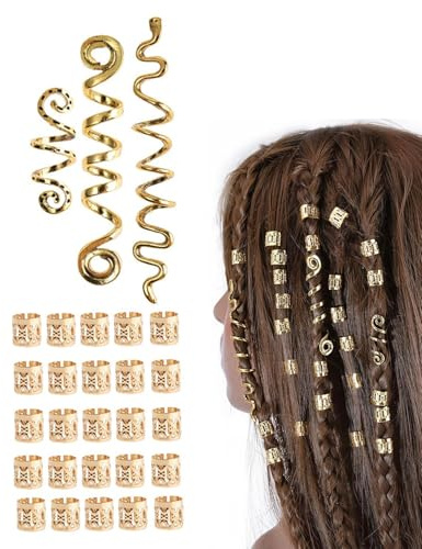OXDOHUE 28 pièces Bijoux Spirales Style Viking Poignets De Cheveux Réglables Barbe Cheveux Tube Perles Dreadlocks En Métal Spiral Coils Pour Hommes Femmes -Or