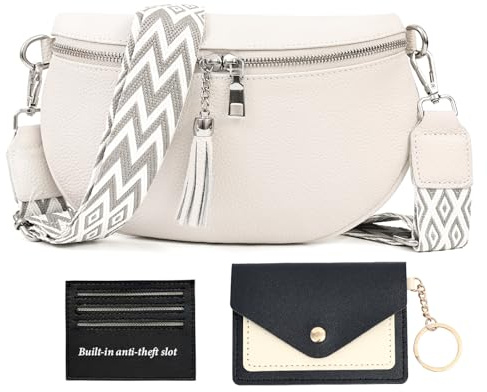 JinDouer Kleine Umhängetasche Damen mit Breitem Gurt, Bauchtasche Echt Leder Stylisch mit Vielen Kartenfächer, Crossbody Bag Klein, Münzbörsen für Senden (Weiß)