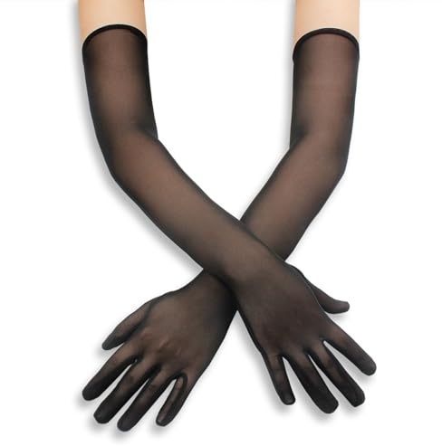WLVinson Damen Tüll Handschuhe, Lange Schwarz, Hochzeit Braut Halloween Tanz Kostüm Abend Party, Einheitsgröße, Nylon, Lässig Elegant