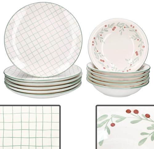 MamboCat Holly 12tlg Tafelservice I Steingut-Geschirr mit grünem Gittermuster, Mistelzweigen & Beeren für 6 Personen I 6x flache Speiseteller & 6x tiefe Suppenteller 400ml