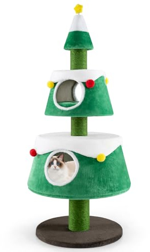 GOPLUS Rascador en Forma de Árbol de Navidad, Torre para Gatos de Interior con 2 Cuevas, Juguete de Resorte, Cojines Desmontables, Centro de Actividades para Gatos con Superficie de Felpa