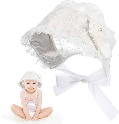 BESTYASH Spitzenmütze Mädchen Weiß Spitze Einheitsgröße Verstellbarer Gürtel Sonnenhut Foto Requisiten Taufe Motorhaube Säugling Prinzessin für 0-2
