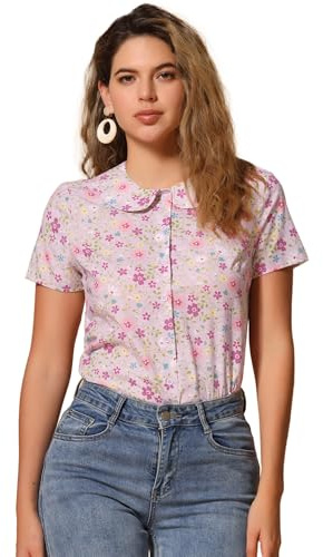 Allegra K Women's Retro Peter Pan Collar Button Front Floral Print Blouse Light Pink M