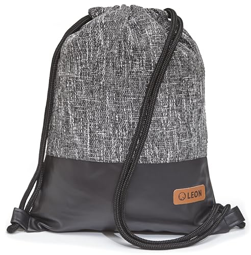By Bers LEON Turnbeutel, Innentaschen Innenfutter Rucksack Tasche Damen Männer Hipster Beutel Veganes Leder Gym Bag Draw String (BlackWoven_SchwarzPU)
