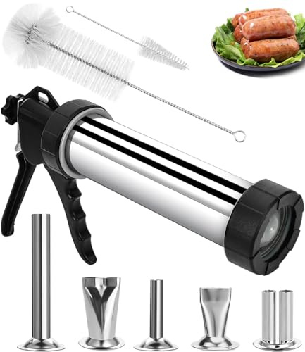 Usluole Jerky Gun for Ground Meat, 1.5LB Beef Jerky Gun Kit with 5 Stainless Steel Nozzles & 2 Brushes, Professional Jerky Shooter Sausage Stuffer, Easy Clean Jerky Gun Kits for Homemade Snacks