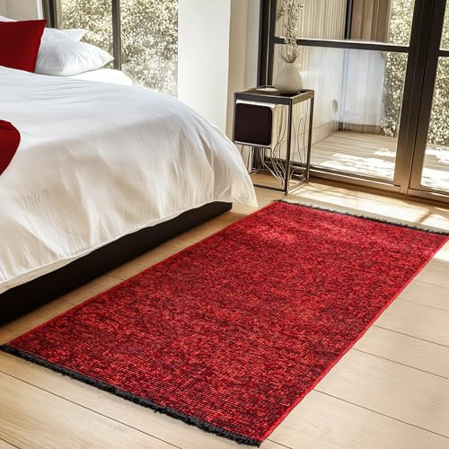 HomebyHome, Baumwolle Teppich Läufer Rot 80x150 cm - Waschbar, Boho-Stil, Vintage Kelim, Kurzflor, rutschfest & Weich, Einfarbig Meliert, Für Küche, Schlafzimmer & Flur