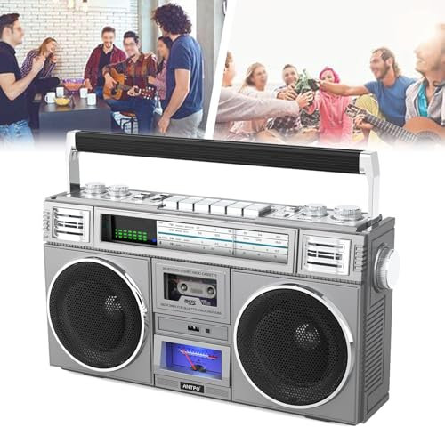 Enceinte Bluetooth Boombox rétro années 80 - Radio AM/FM avec basses puissantes et signal puissant | Autonomie de 40 heures | Lecture TF/USB/AUX | Style urbain classique | Égaliseur réglable,Silver