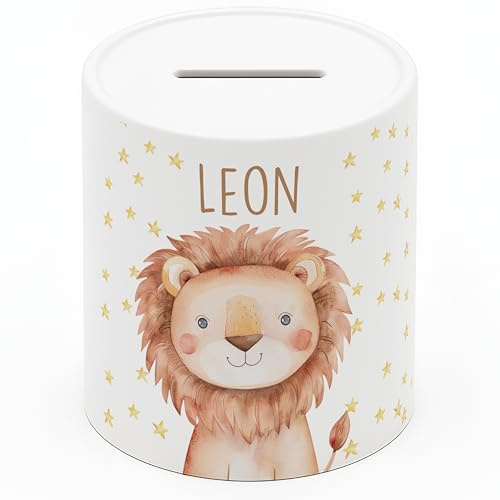 Personalisierte Spardose Kinder mit Namen – Keramik Sparschwein als Taufgeschenk, Geburtstagsgeschenk & Einschulungsgeschenk – Spardose Mädchen & Jungen, Geschenke zur Taufe - Löwe (8x9,5 cm)