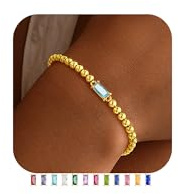 Yoosteel March Birthstone Bracelet for Women - Dainty Light Blue 14K-Gold-Plated Birthstone Elastic Bead Bracelets Trendy Friendship Jewelry Gifts for Women