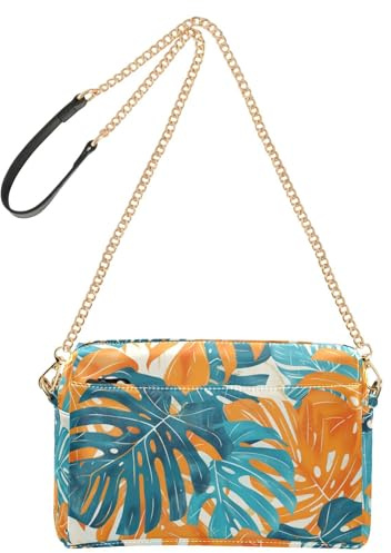KLL Orange Cyan Monstera Deliciosa Leaves Fashion Crossbody Small Bag For Women Vegan Leather Womens Casual Purses Waterproof Lady Shoulder Handbags
