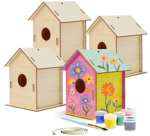 4er Set Vogelhaus Bausatz – 4 komplette Holz Bastelsets für Kinder zum Bemalen I DIY Bastelset günstig für Gruppen, Kita, Schule & Kindergeburtstag I Holz-Vogelhaus inkl. Farben & Pinsel