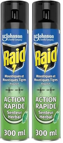 Raid Aérosol Volants - Répulsif Moustiques et Moustiques Tigres - Action Rapide - Senteur Herbal - 1 Aérosol 300 ML (Lot de 2)
