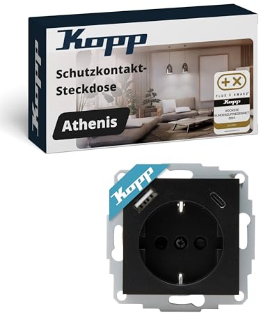 Kopp ATHENIS Unterputz-Steckdose mit USB A & USB C in Schwarz matt – Schutzkontakt-Steckdose mit integrierten Ladebuchsen – 16 A / 250 V~ IP20 – Steckklemmen & erhöhter Berührungsschutz