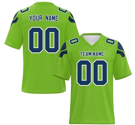Magliette Personalizzate Maglie da Football Americano con Nomi e Numeri Stampati Asciugatura Rapida e Traspiranti Design a Maniche Corte Adatte per Squadre, tornei e Tifosi Verde