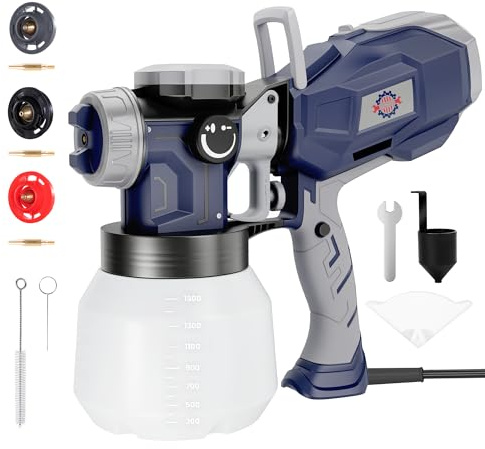 TurboVolt HVLP Farbsprühsystem, 1000ml/min Elektrische Lackierpistole - 1500ML Behälter, 3 Düsen & 2 Füllmethoden, Farbsprühpistole für Wandfarbe, Decken, Zäune, 2-IN-1 Griff