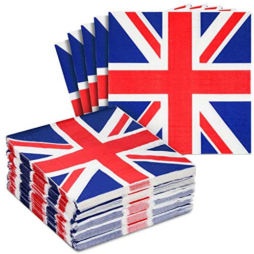 100 Pack Union Jack Party Napkins Serviettes, Red White and Blue Napkins for Royal Theme Tableware Party Supplies, British GB UK Sporting Event, 33cm x 33cm