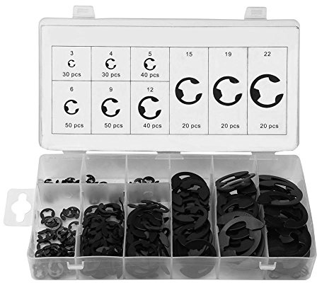 Akozon E-Clip Ersatz-Set, 300pcs 9 Größe Schwarz Metall E-Clip E-Ring Welle Sicherungsringe, Elastischer Ring mit Box (3mm-22mm)