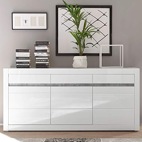 Lomadox Sideboard Weiss Hochglänzend modern mit Griffmulden in Betonoptik Breite: 217cm