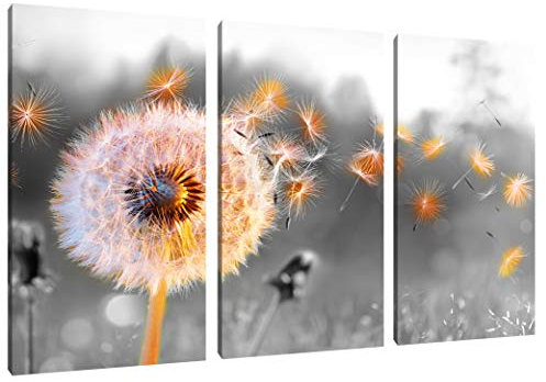 Pixxprint Nahaufnahme Pusteblume Sonnenuntergang B&W Detail, Leinwandbild 3 Teilig, Gesamtmaß: 120x80cm, Wandbild, Dekoration, fertig gespannt, Kein Poster
