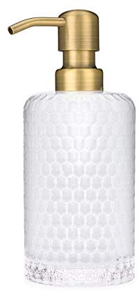 Rail19 Frosted Milk + Honey Glass Soap Dispenser | Vintage-Inspired Modern Refillable Soap & Lotion Pump Bottle for Bathroom Vanity Countertop and Kitchen, 12oz (Farmhouse Brass)