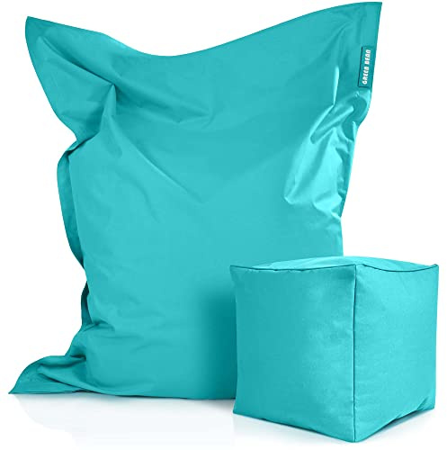 Green Bean 2er Set XXL Sitzsack inkl. Pouf fertig befüllt mit EPS-Perlen - Riesensitzsack 140x180 Liege-Kissen Bean-Bag Chair Loung Bodenkissen