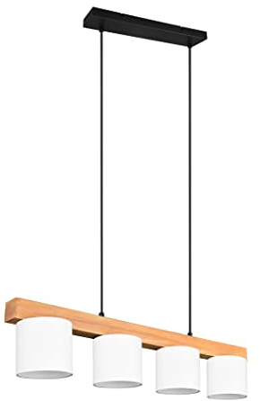 Reality Leuchten pendellampa Cameron R30654001, metall svart matt, tygskärm vit, trä, exklusiv 4 x E14