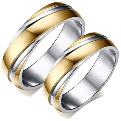 Bishilin Eheringe Damen Herren Edelstahl, Gold Silber Ringe 6MM Damen Gr.52 (16.6) + Herren Gr.65 (20.7) Verlobungsringe Nickelfrei mit Gravur Freundschaftsringe für 2