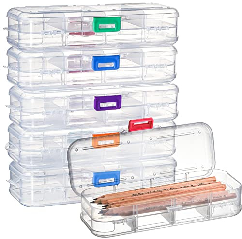 SOUJOY 6 Pack Double Deck Pencils Box, Clear Stationery Box with Snap-Tight Lid, Plastic Large Capacity Pen Case Organizer with with 4 Compartment for Office Supplies Organization
