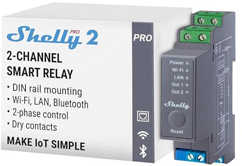 Shelly Pro 2 | LAN & WLAN 2-Kanal DIN-Schienen Relais Schalter - 25A | Potentialfreie Kontakte | Alexa & Google Home | iOS Android App | Lichtsteuerung | Fernsteuerung | Wasserverteiler