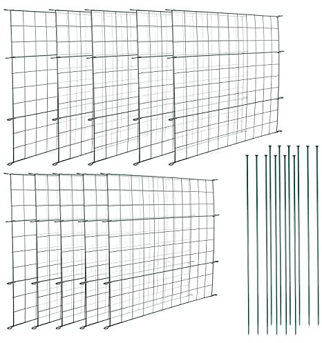 Cecaylie Teichzaun Set, 10x Gartenzäune Steckzaun Metall, mit 22 Zaunelemente-10 Zaunelemente 12 Befestigungsstäben, Metallzaun Grün, Freigehege Gartenzaun Tiergehege