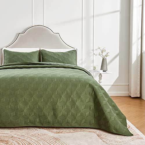 beeweed Quilt Set Double Size 3 Pieces, Lightweight Microfiber Diamond Pattern Bedspreads for All Season, Olive Green Soft Summer Coverlet Set with 2 Pillow Shams (Double 220x240 CM)