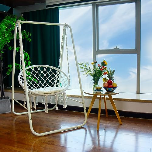 CCLIFE Fauteuil Suspendu à Franges Chaise balancoire siège Suspendu macramé avec Coussins et Pied en Fer pour Interieur et extérieur, Max 100kg,83 x 103 x 155 cm, Color:Beige