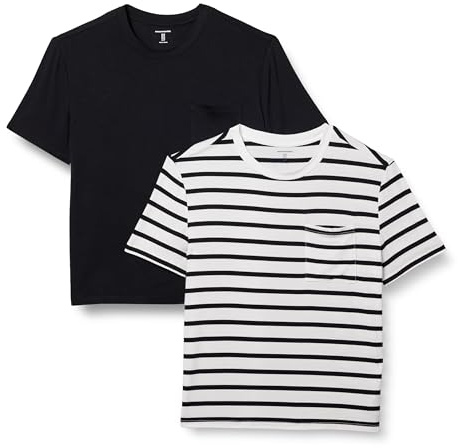 Amazon Essentials Womens Jersey Relaxed-Fit Short-Sleeve Crewneck Pocket T-Shirt, Pack of 2, Black/French Stripes, Large