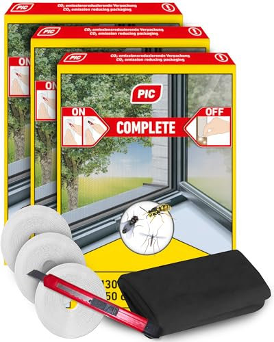 PIC Fliegengitter Fenster Schwarz 3er Pack130x150cm -Insektenschutz Fenster Fliegengitter, Mückennetz Fenster, Moskitonetz Fenster, Mückenschutz Fenstergitter mit Klettband und Reinigungstuch