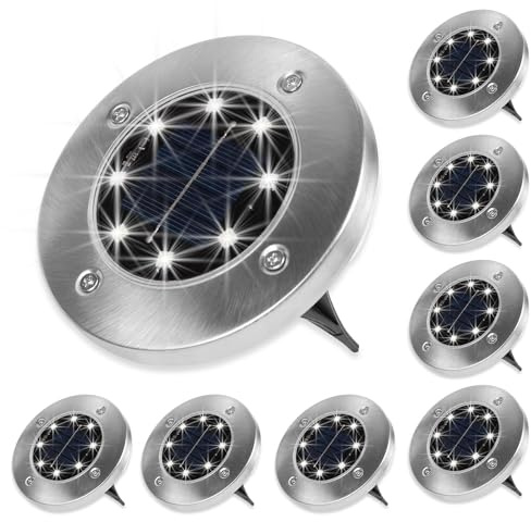 ASAB 8 Pack Solar Ground Lights IP65 Waterproof and Rechargeable Solar Path Lights with 8 LEDs 800mAh Capacity Easy Setup Steel Case Solar Lights Outdoor Garden Walkway Lawn Patio Decking Lights