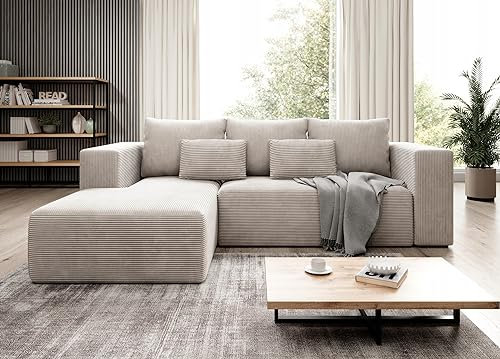 Easy4You Ecksofa Creme Stripes L Kord L-Form – 255x73x161 cm - Schlafsofa mit Bettkasten und Schlaffunktion - Eckcouch mit Stauraum – Stoff Kord POSO 100