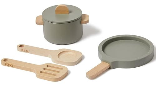 FLEXA Topf & Pfanne - Kinderküche Zubehör Holz | Küchenzubehör Kinder | Spielküche Zubehör | Küchen Spielzeug für Rollenspiele Mädchen & Jungen ab 3 Jahren