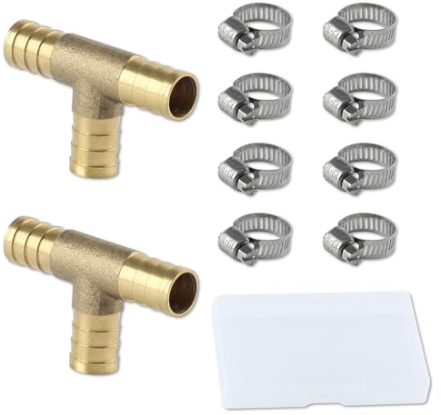 LEONTOOL 2 Pcs Brass Barb Tee Fitting 3/8(10mm) ID Hose Pipe Fitting T-Shaped with 6 Pcs Stainless Steel Pipe Clamps, Brass Barbed Tee Hose Connector for Water Fuel Gas Air Oil