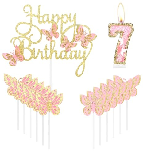 mciskin Geburtstagskerzen, Schmetterlingskuchendekoration, gold/rosa, Zahl 7, für Mädchen, glitzernder Schmetterlingsaufsatz für Mädchen zum 7. Geburtstag