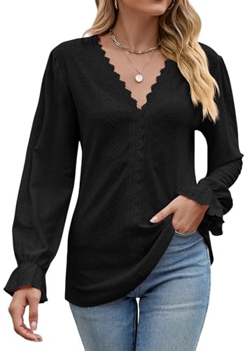 Atxnn Mujer Blusa Elegantes de Encaje Camiseta con Cuello en V Camisa Casual de Manga Larga Tops con Ojales de Fiesta, Negro X-Grande