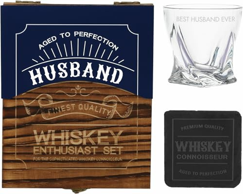 Pavilion - Best Husband Ever - 11 oz Whiskey Glass 4 Slate Coaster Wooden Box Gift Set Husband Wedding Groom Anniversary Present