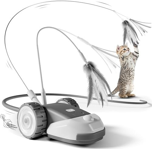 Casfuy 3-in-1 interaktives Katzenspielzeug - 2-Geschwindigkeit katzenspielzeug elektrisch selbstbeschäftigung mit 2pcs hängende Feder Schnur Band und Wiggly Silikon Mäuse Schwanz für Indoor Katzen