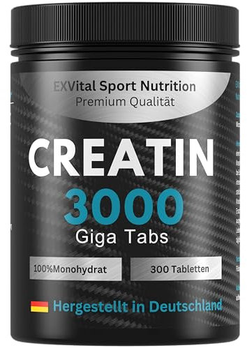 Creatin 3000 Giga Tabs, 3450mg Creatin Monohydrat pro Tagesdosis, 300 vegane Tabletten, Alternative zu Kreatin Kapseln & Pulver, Training, Sport, Fitness