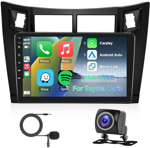 Hodozzy 8 Core 4G+64G Android Autoradio für Toyota Yaris 2005-2011,9 Zoll IPS Touchscreen Bildschirm Navi mit Wireless Carplay Android Auto, 2 DIN Radio Bluetooth DSP WiFi FM RDS Rückfahrkamera