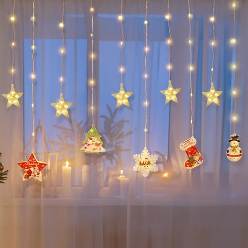 RECUTMS Christmas Window Curtain Lights 15.7FT USB Hanging Fairy Light Double-Sided Display Pendants LED 8 Lighting Modes for Home Party New Year Xmas Tree Outdoor Indoor Decorations(Warm White)