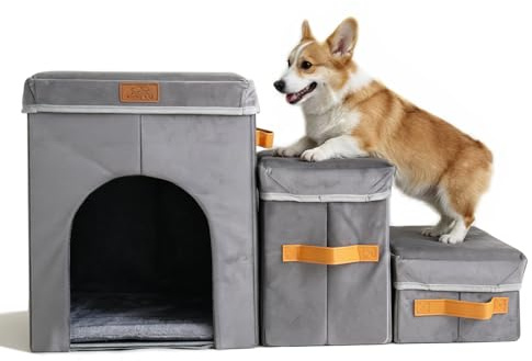 AMFIYQ 43,2 cm H Hundetreppe für hohe Betten bis zu 63,5 cm Höhe – Haustierstufen für kleine, mittelgroße oder große Hunde, faltbare Katzentreppe mit Stauraum und Höhle, 3-stufige Haustiertreppe für