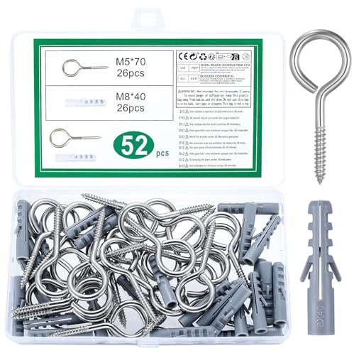 26 Pz Occhielli a Vite per Legno, Ganci a Vite Avvitabili, Viti a Occhiello, Viti per Occhielli in Acciaio Inossidabile con Tassello di Ancoraggio per Soffitto Parete Fai da te Artigianato, M5x70mm