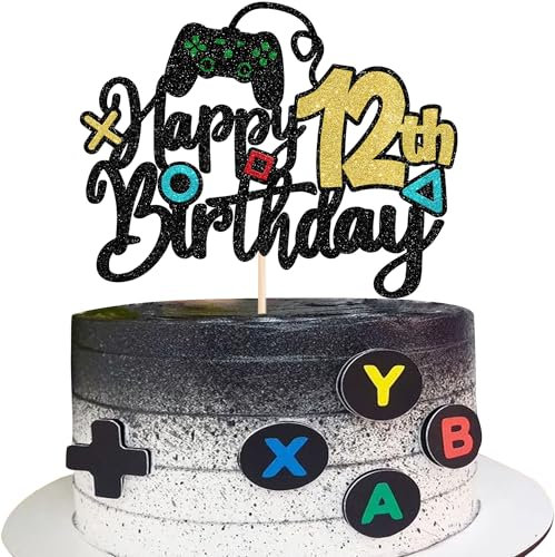1 Stück Videospiel Happy 12th Birthday Cake Topper Glitzer Videospiel Tortendeko Spielkonsolen Kuchen Deko für Gaming Thema Jungen Mädchen 12th Geburtstag Party Kuchen Dekorationen