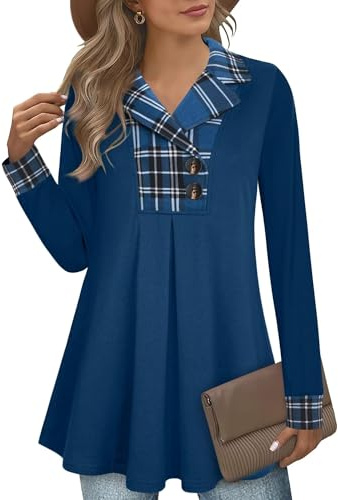 GUUKA Maglione da donna casual a maniche lunghe con scollo a V, tunica svasata a pieghe, maglione autunnale da donna UK, M