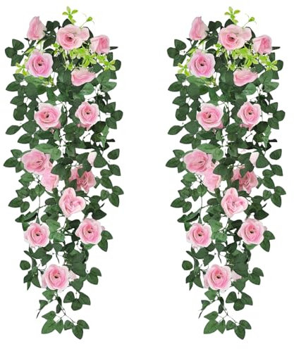 Kunstpflanze 2 Stück Blumenampel 90cm Künstliche Hängepflanzen Gefälschte Seide Rose Blumen Kunstpflanze Efeu Pflanze Künstlich für Bad Dekoration Außen Innen Hochzeit Fensterdeko Hängend（Rosa）
